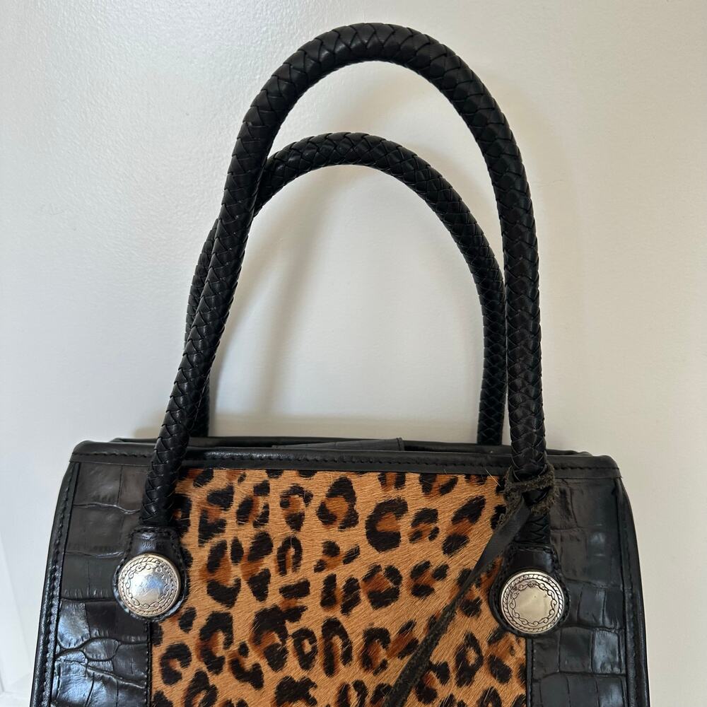 RARE! Brighton Vintage Leopard Calf Hair / Black Croc Leather Top Handle Bag VTG - Picture 5 of 7